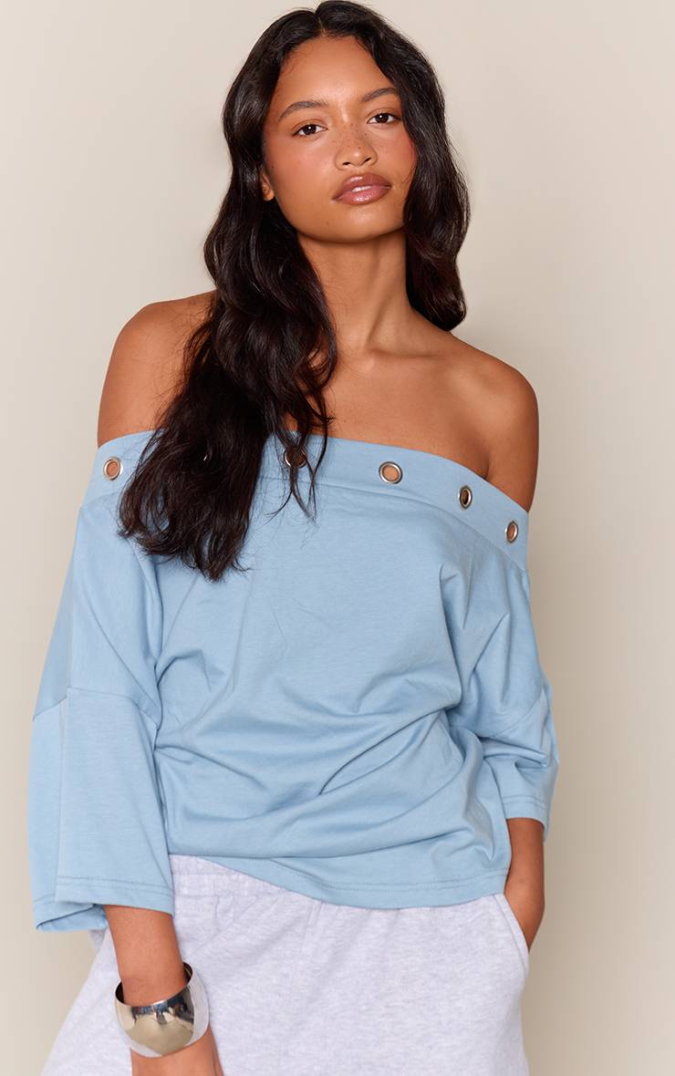 Bleu Layette T-shirt Décontracté Asymétrique En Coton À Œillets Cloutés