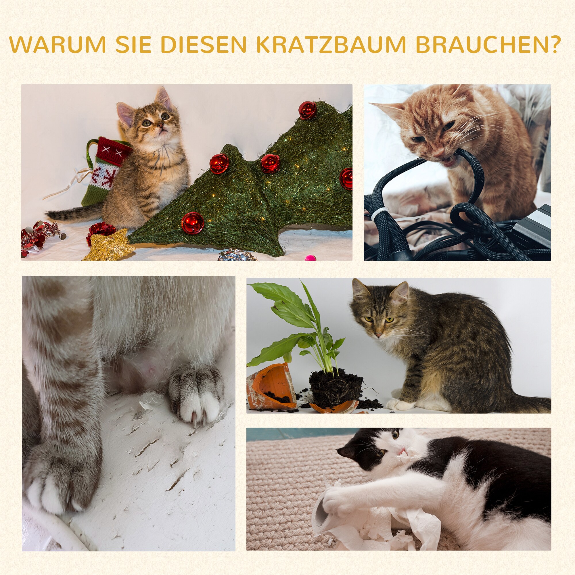 PawHut Kratzbaum mit 3 Spielbällen grau, natur 44L x 43B x 123H cm