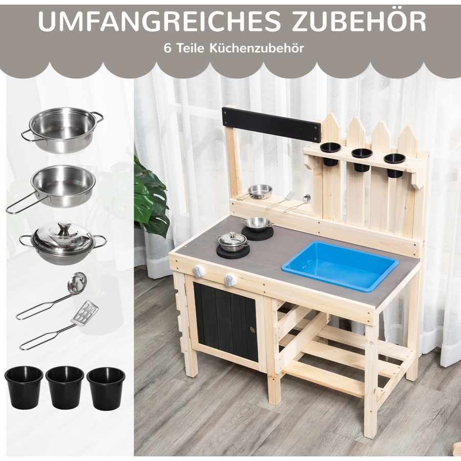 Outsunny Kinderküche mit Pflanzentöpfe natur