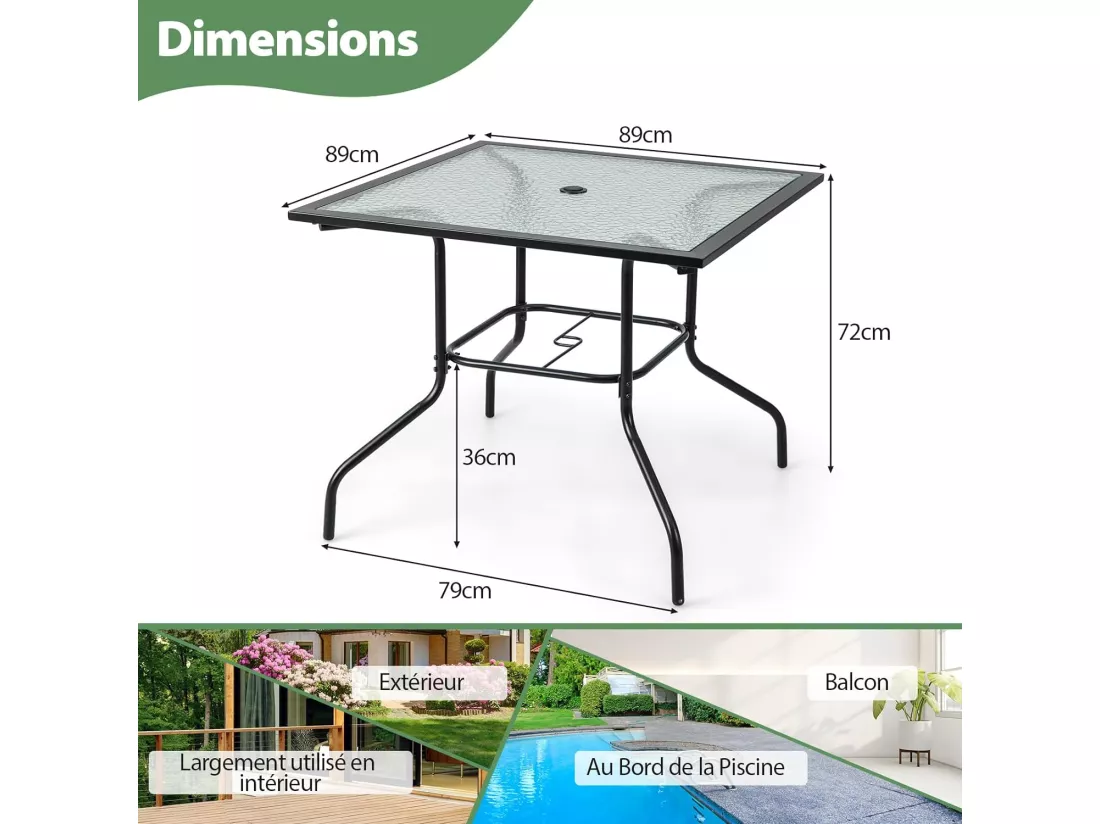 Table de Jardin en Verre Trempé 89 x 89 CM, Table d'Appoint avec Trou pour Parasol 38 MM, Cadre en Métal Robuste, Table Basse Carrée Extérieure pour Patio, Piscine