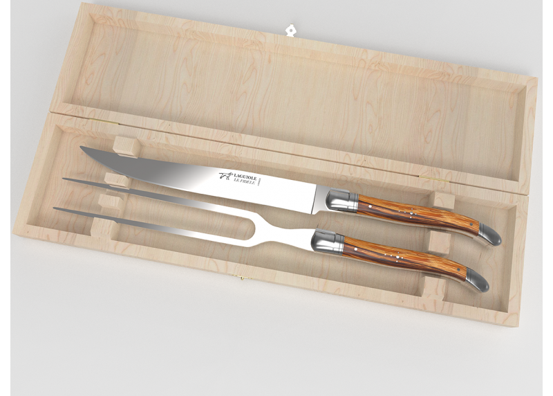 Service à viande Laguiole avec un manche en bois de serpent et mitres en acier inoxydable