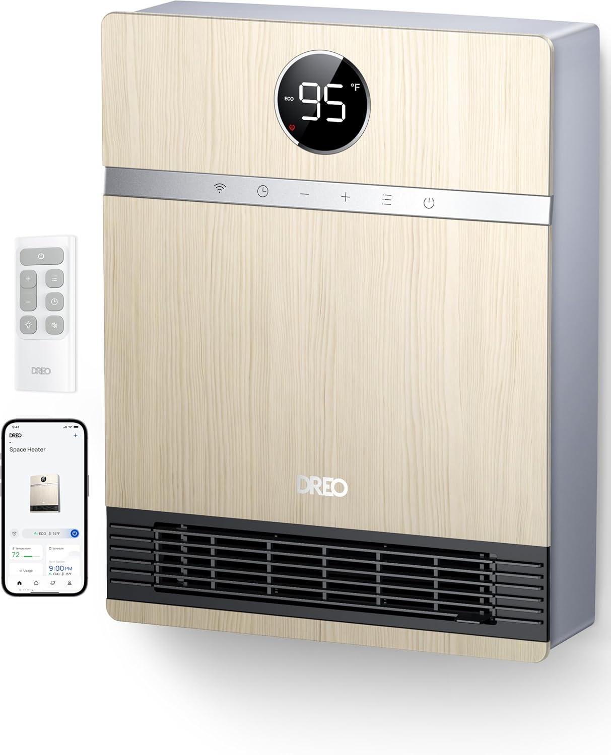 Dreo Chauffage mural intelligent - Fougère de sortie à 30° - 1500 W - Thermostat réglable - Télécommande - Minuterie - Chauffage Easy-Mount pour une utilisation en intérieur - Fonctionne avec Alexa