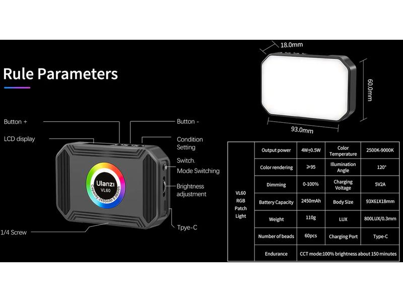Ulanzi Videoleuchte VL60 Tragbare quadratische Mini-Leuchte