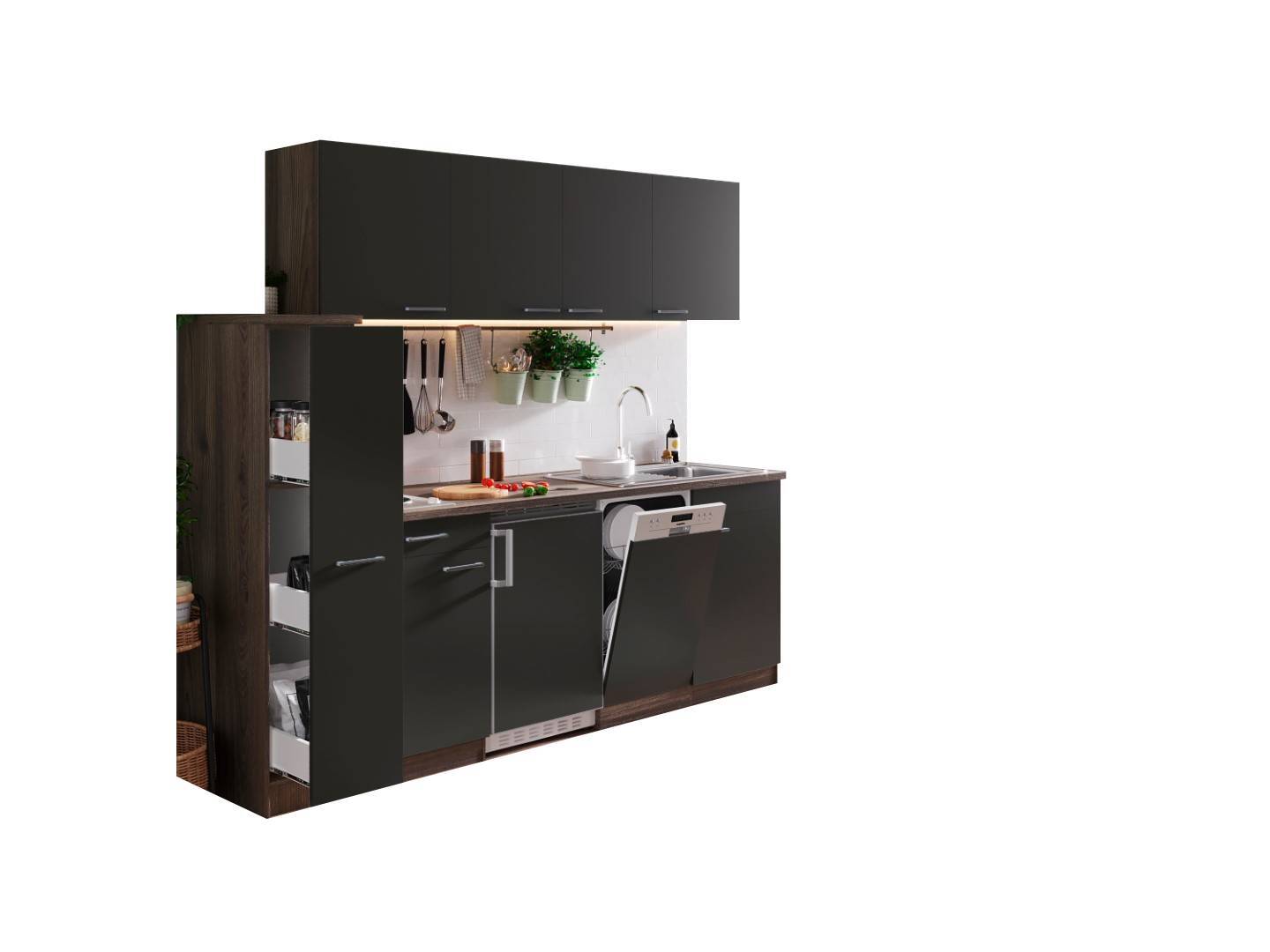RESPEKTA Singleküche OLIVER - grau - Eiche York - mit E-Geräten - 225 cm