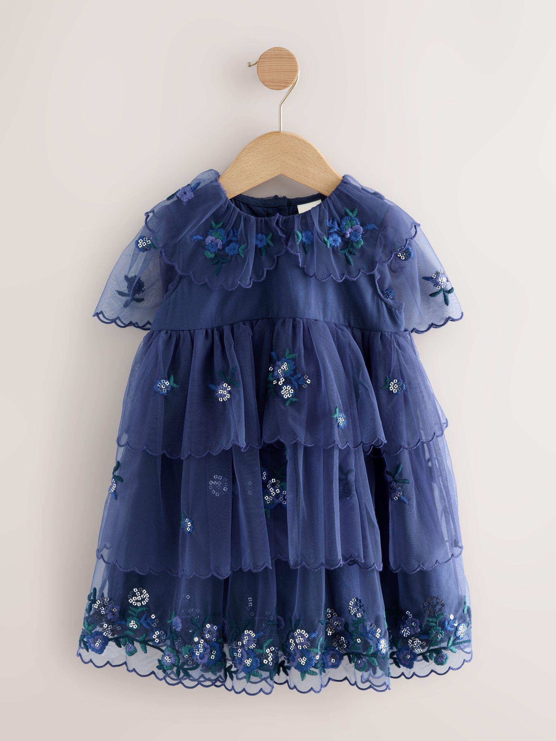 Blauw versierd - Mesh strokenjurk (3 mnd-7 jr)