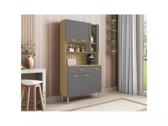 Buffet de Cuisine 6 Portes 1 Tiroir Chêne et Gris L 90.9 H 173.5 P 36.3 cm