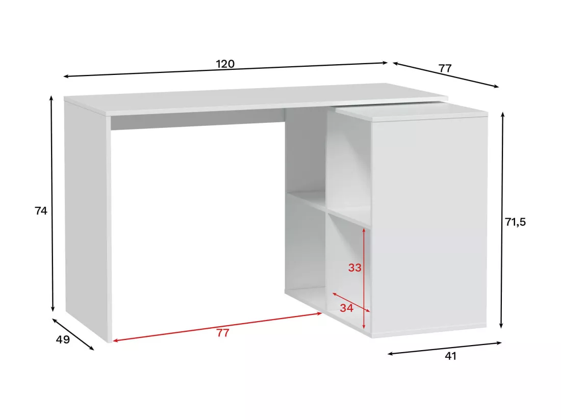 Bureau Revere, Bureau d'angle, Table de bureau polyvalente, Bureau multi-positions peu encombrant, 152x49h74 cm, Blanc