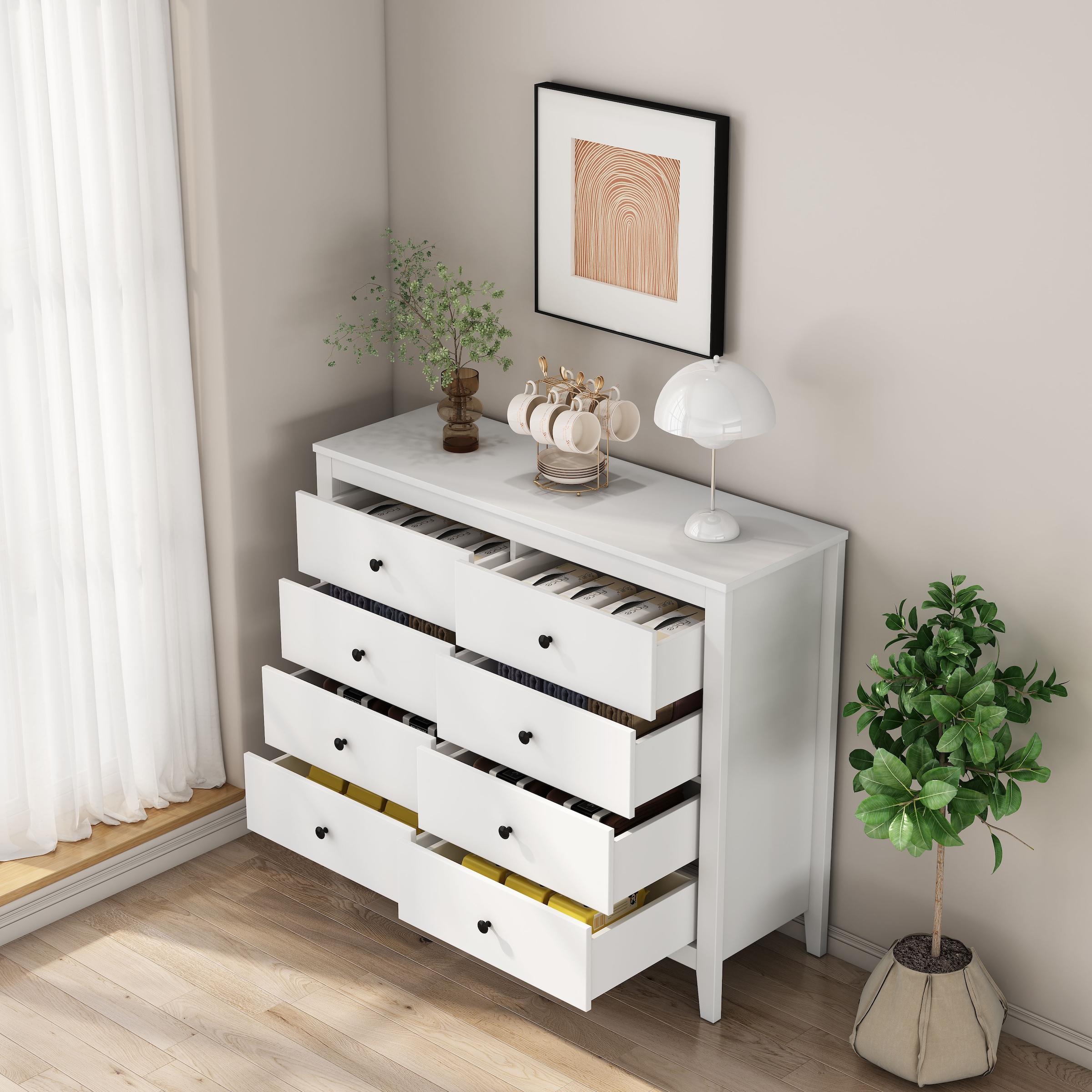 GOODproduct Schubkastenkommode »Borkum Sideboard mit 8 Schubladen Bestseller Landhaus weiss« schwarze Griffe aus Metall,