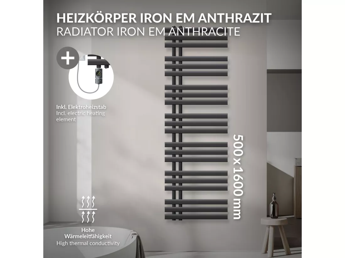 Radiateur de salle de bain acier anthracite50x160cm avec élément chauffant 1200W