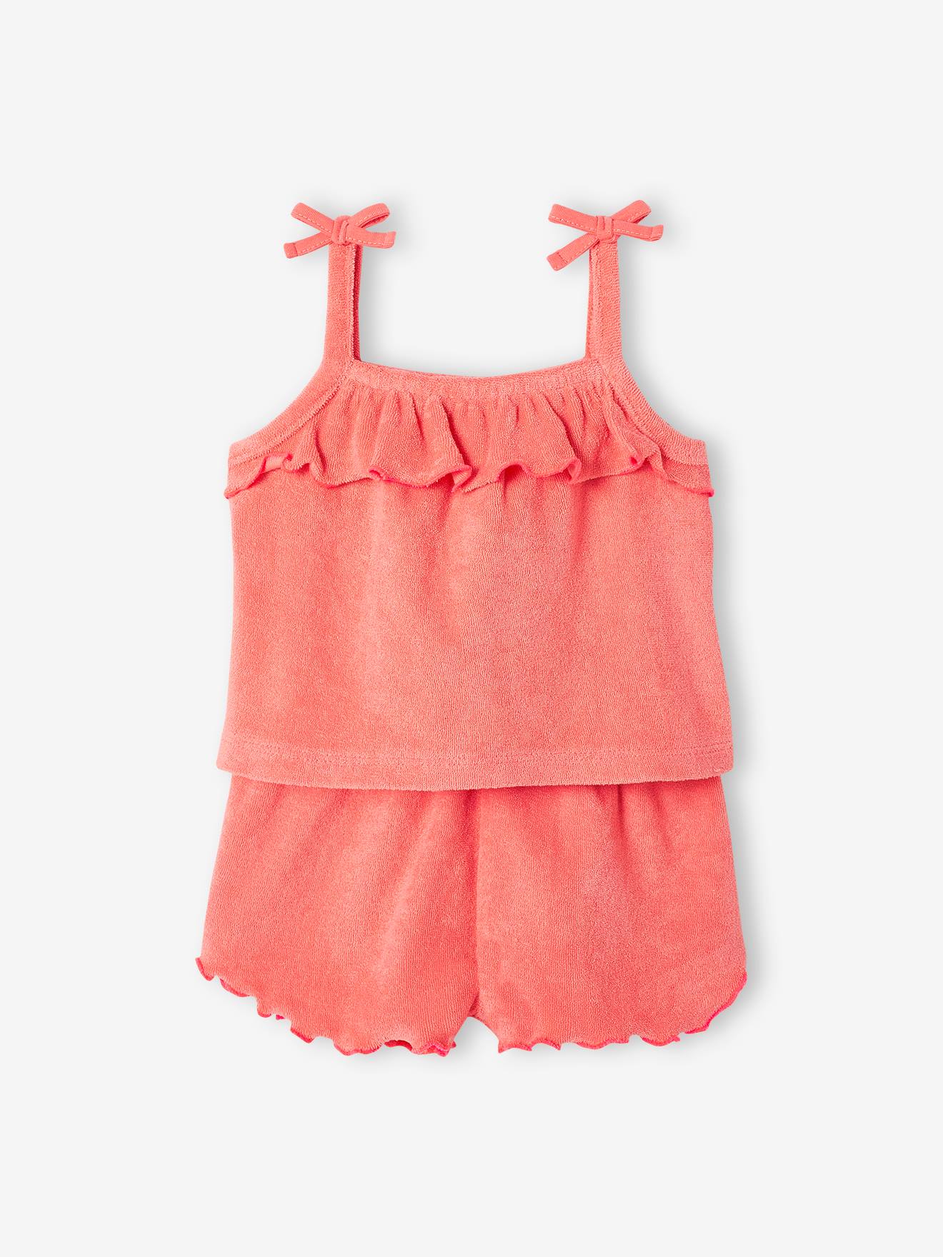 Conjunto de fleece encaracolado para bebê: regata coral e shorts.