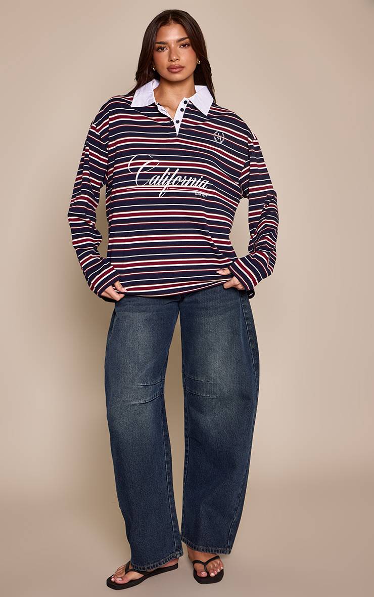 Bleu Marine T-shirt À Manches Longues Avec Imprimé California Et Détail Col Rayé