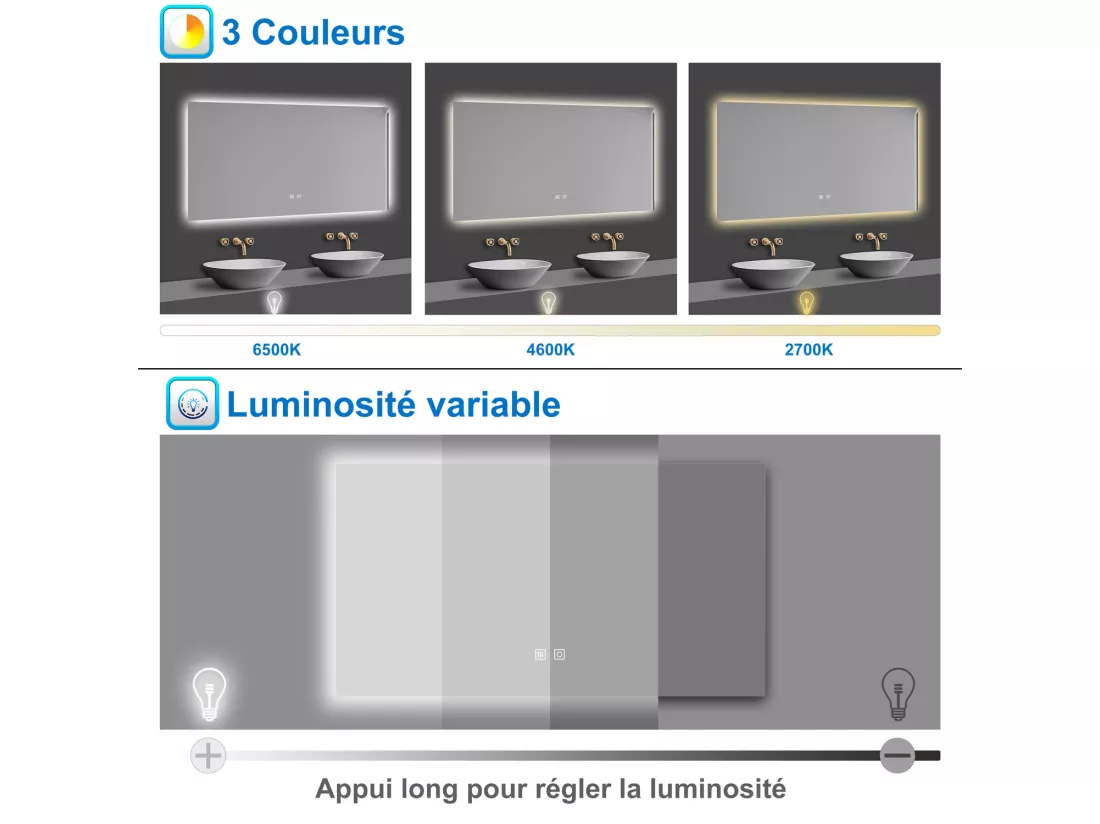 AICA LED Miroir lumineux 80x60cm 3 couleurs + anti-buée + dimmable + mémoire miroir salle de bain