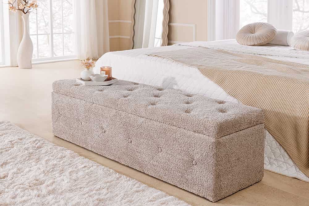 Chesterfield Bettbank EXTRAVAGANCIA 140cm champagner greige Bouclè mit Stauraum