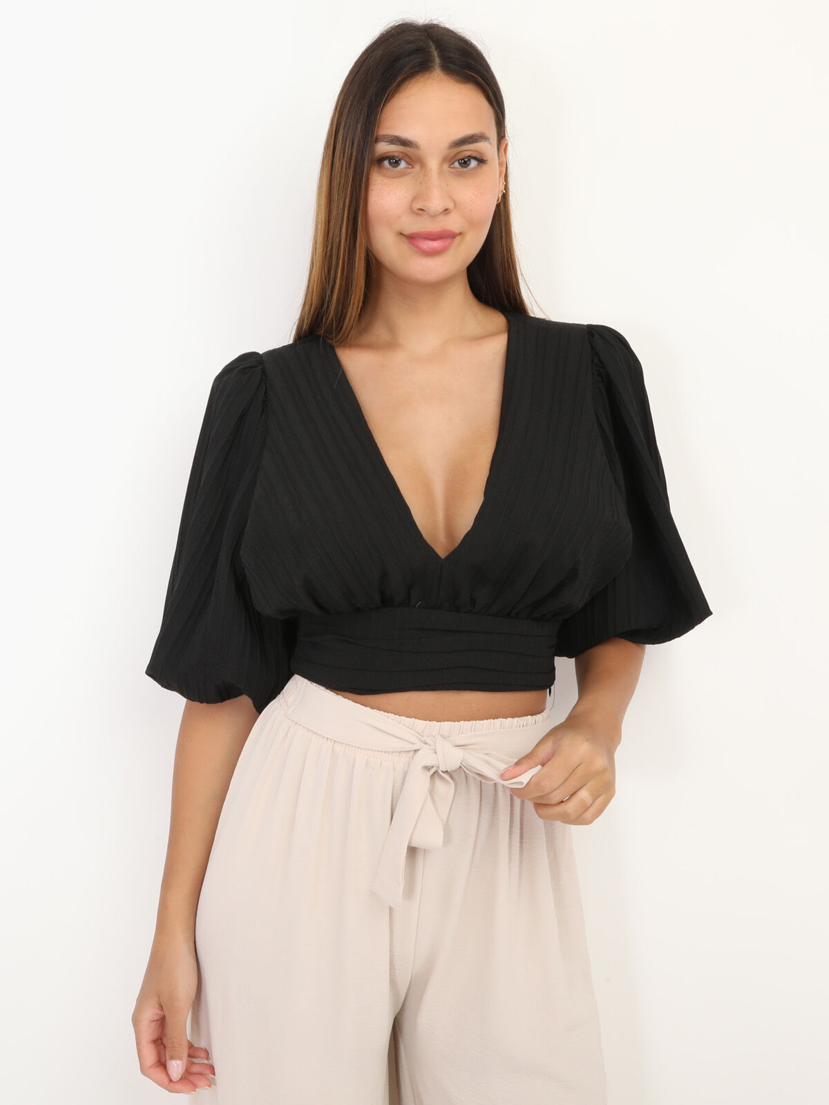 Crop Top plissé à manches ballons- Noir