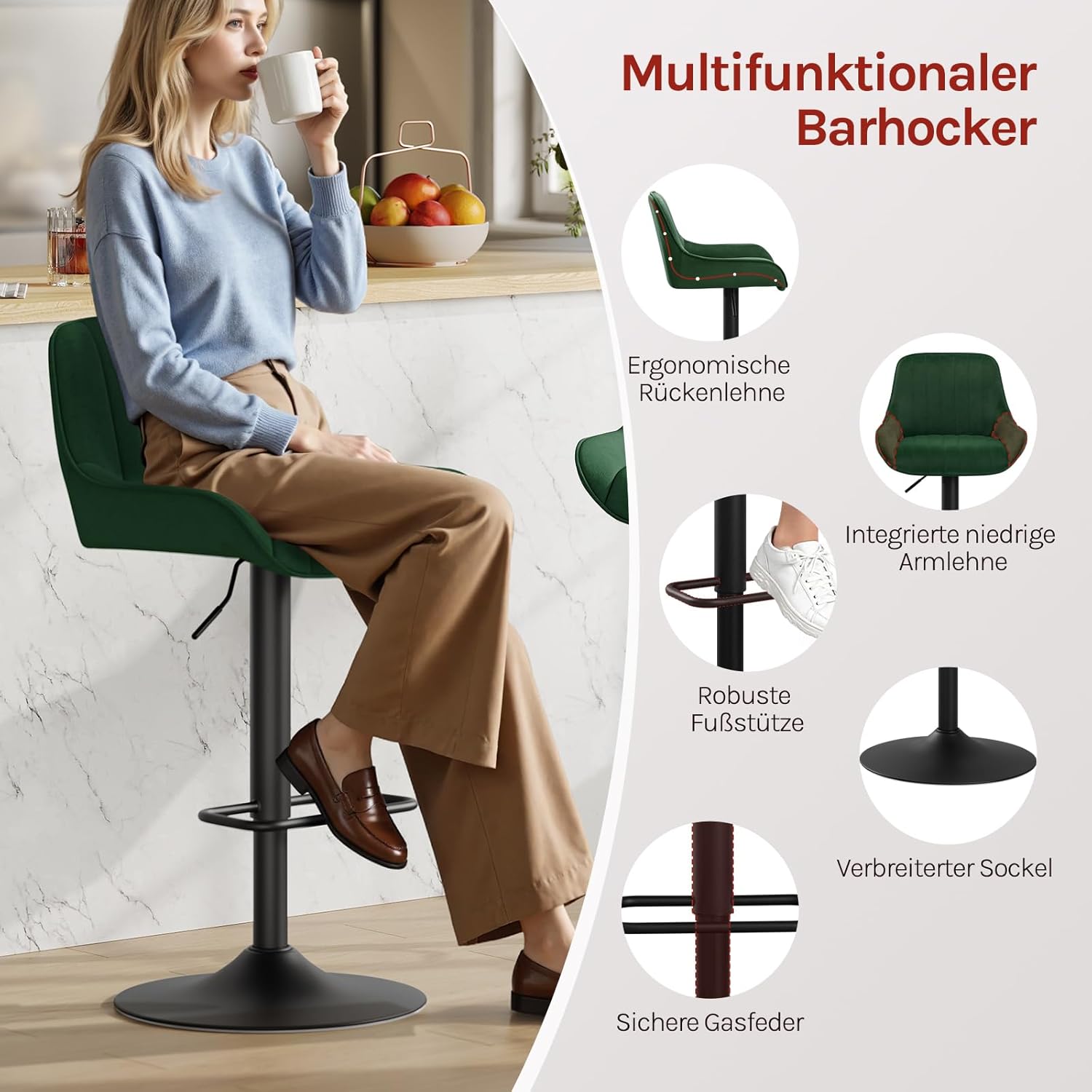 WOLTU Barhocker 2er Set, Höhenverstellbar und 360° Drehbar, Barstuhl mit Rückenlehne und Fußstütze, für Küche Bar Esszimmer, Milchzarter Plüsch, Dunkelgrün