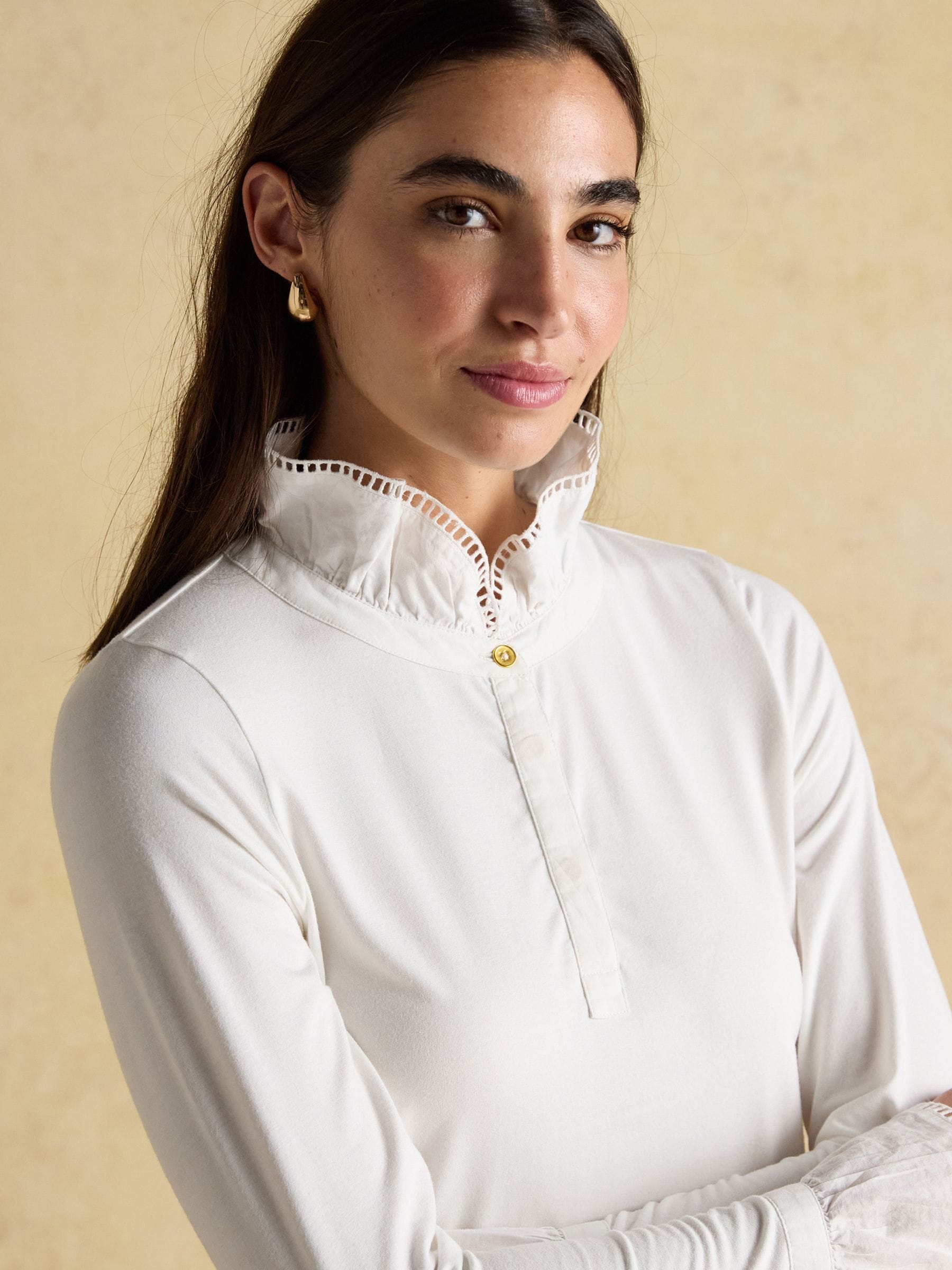 Wit - Joules Kate Lange Mouw Top met Ruches aan de Hals