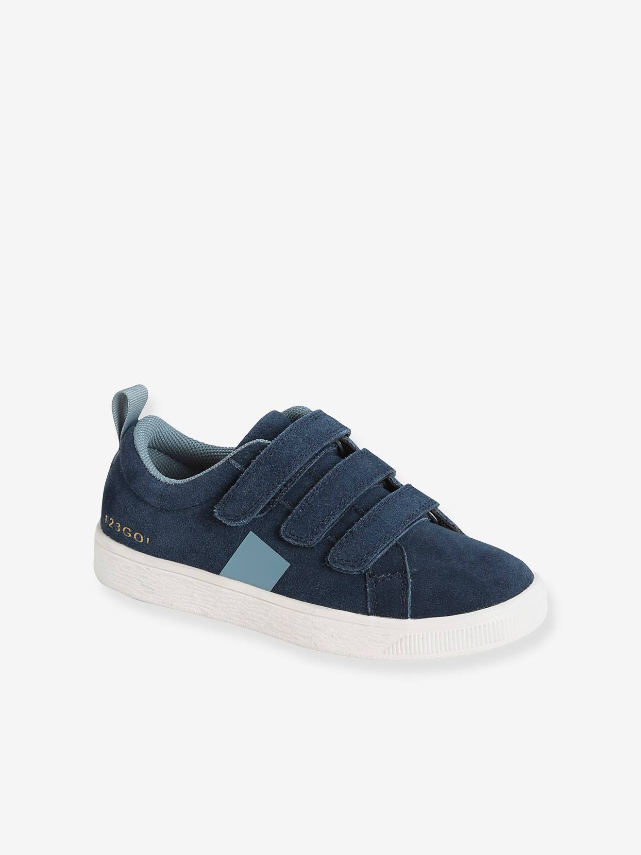 Tênis de couro com fecho de velcro, para meninos, azul escuro liso