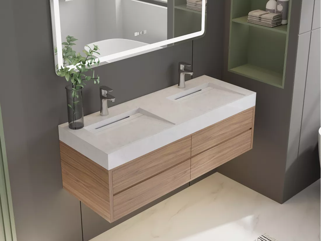 Double vasque suspendue en solid surface effet marbre blanc - KODIAK - L120.2 x l45.2 x H8 cm