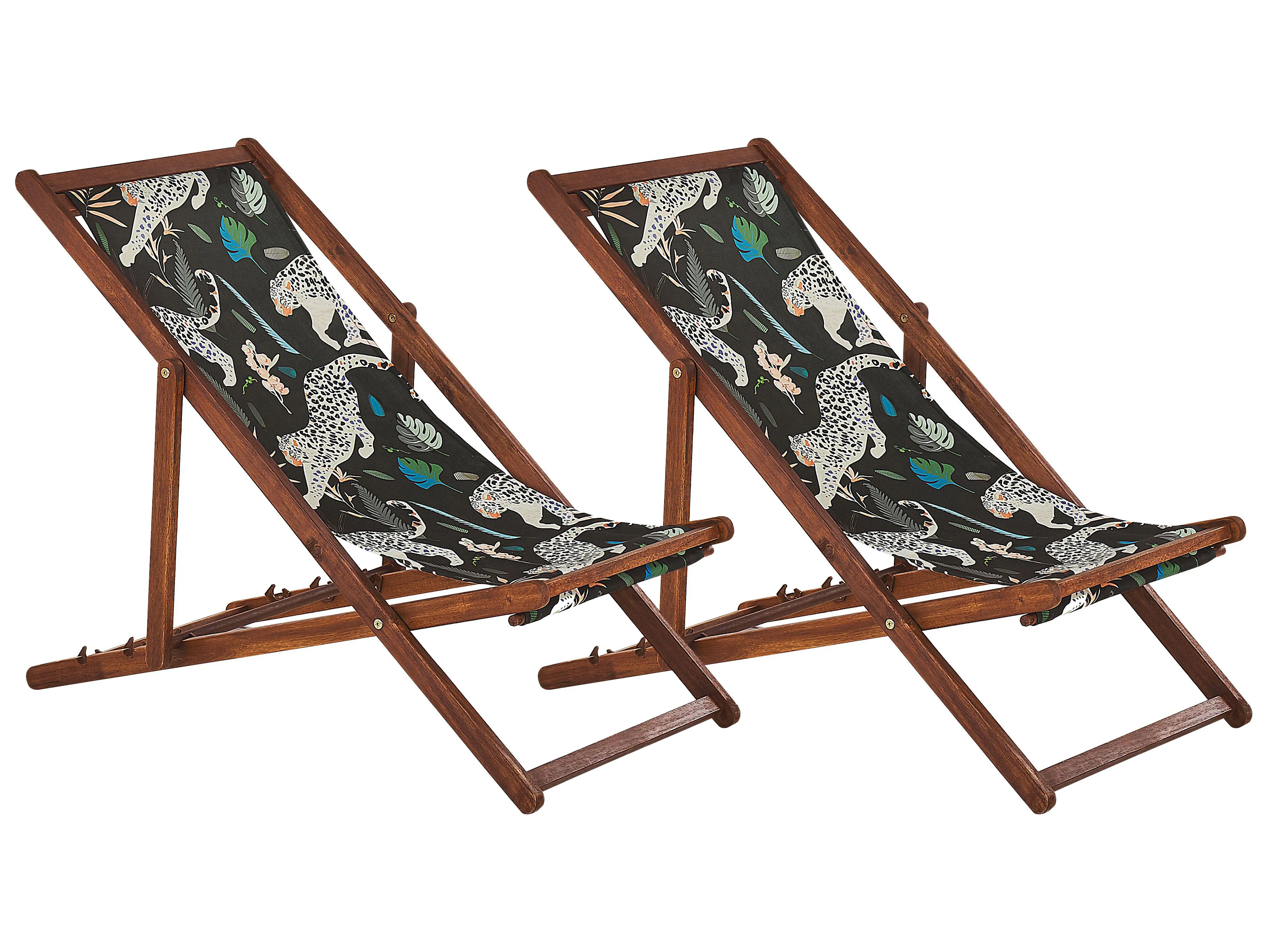 Set van 2 inklapbare ligstoelen ANZIO met vervangingshoezen Dieren motief Acaciahout Donkerbruin