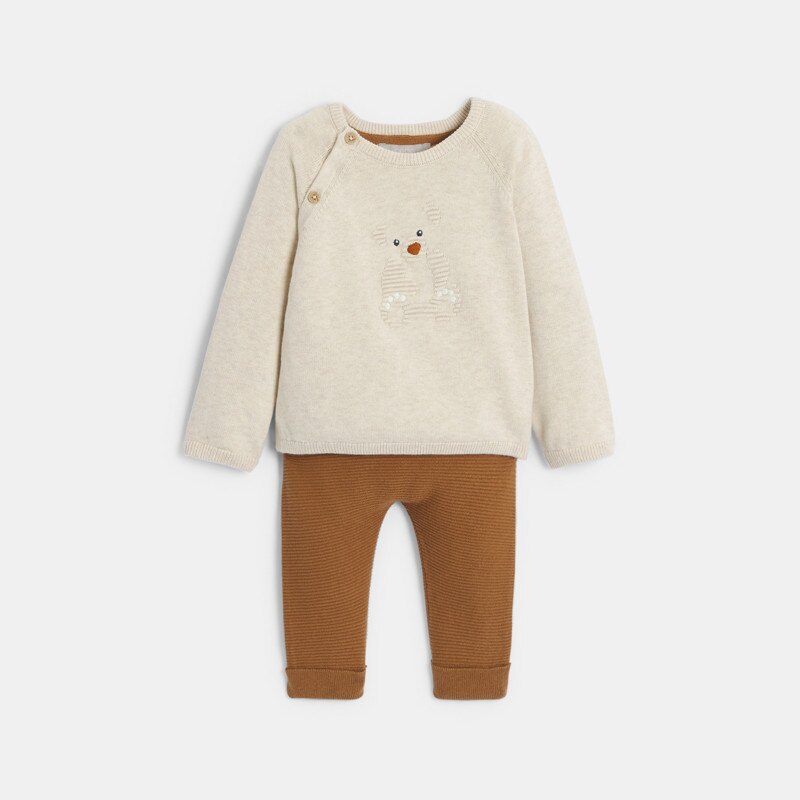 Pull maille tricot ours et pantalon maille marron bébé garçon Beige