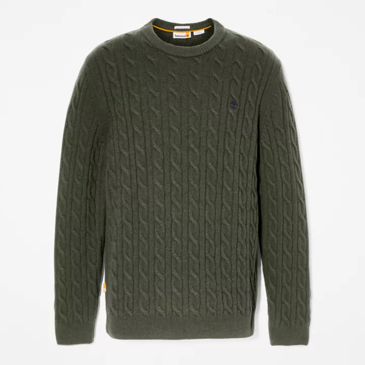 Suéter masculino Phillips Brook com gola redonda em tricô trançado na cor verde.