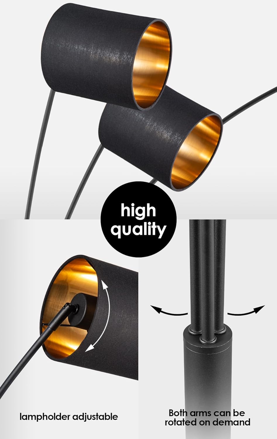 Home Sweet Home moderne Bogenlampe | Schwarz-goldene Stehlampe mit Schirm | Höhe 190 cm | Mit 3xE27 9W 2700K LED-Glühbirne | Industrielle Wohnzimmer-Stehlampe