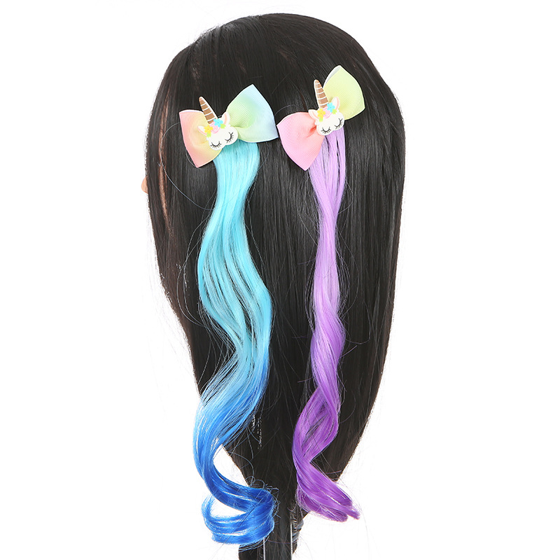 (4er Set) Kunsthaar Kinder Clip Extensions Haar Schmuck Bunte Strähnen Haarspangen - Einhorn / Schleife