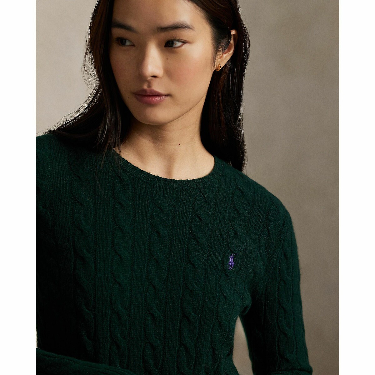 POLO RALPH LAUREN<br>Suéter de gola redonda, tricô trançado em lã e cashmere