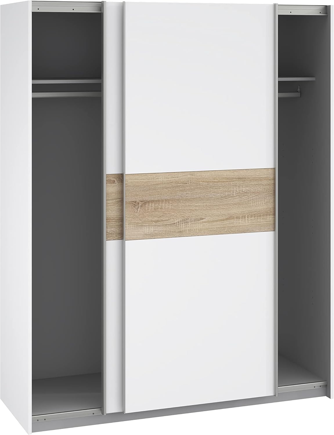 Forte WINNER Schrank 150, moderner Kleiderschrank Weiß, Schwebetürenschrank, 2-türig, Weiß / Holzdekor Sonoma Eiche, 150 cm breit x 190,5 cm hoch x 61 cm tief