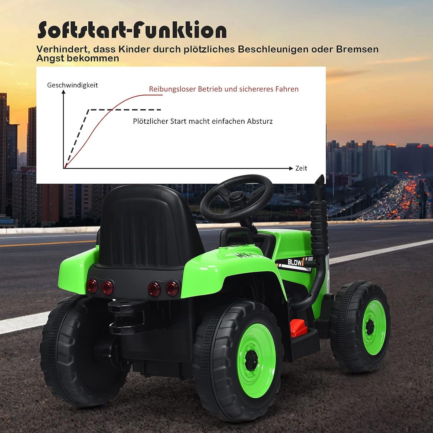 Carrinho trator elétrico infantil KOMFOTTEU, capacidade de carga de 30 kg, a partir de 3 anos.