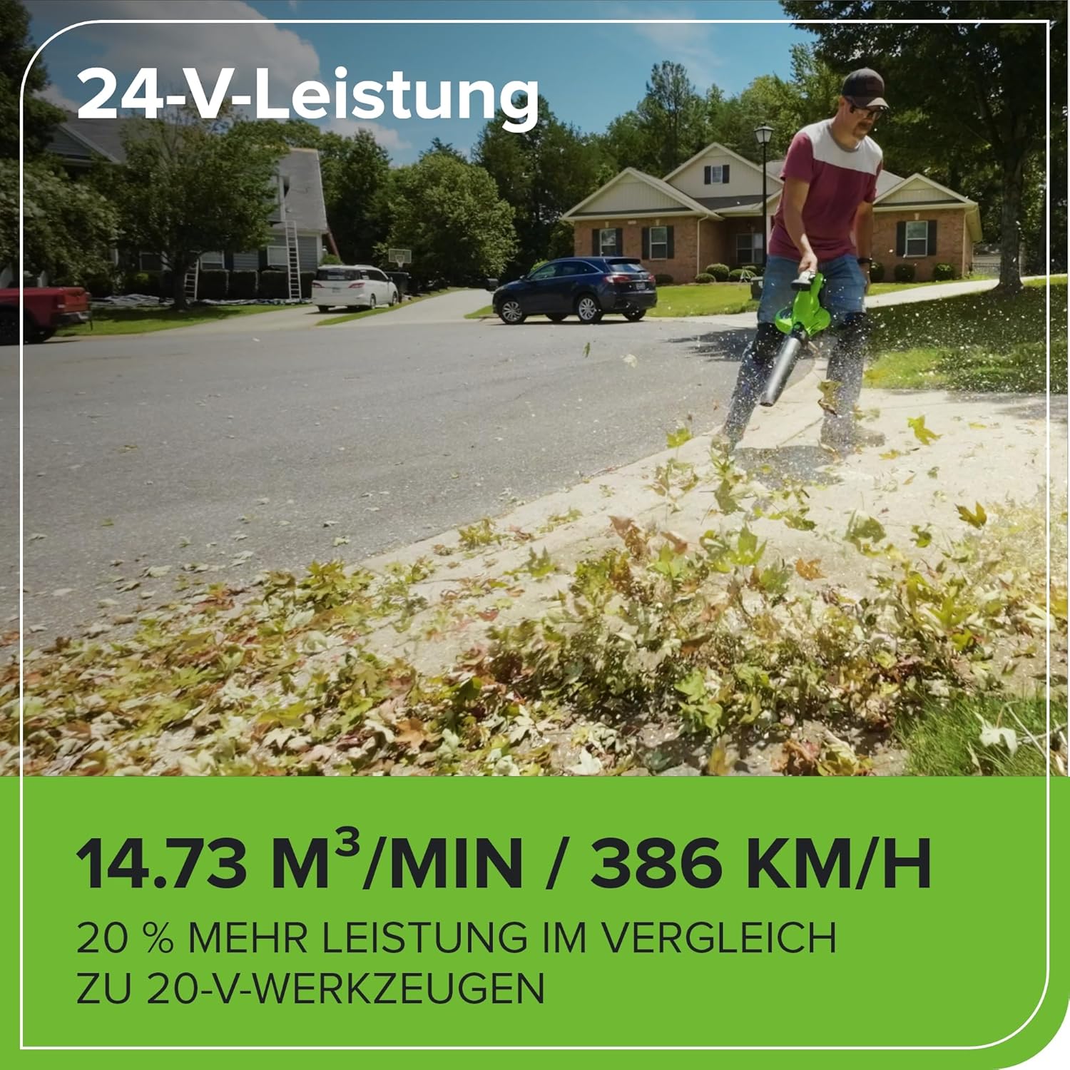 Greenworks 48V(24V x 2) Akku Laubsauger - Laubbläser mit Schultergurt, bürstenloser Motor, 386 km/h, 14.73 m³/min, 45L Fangsack, Zwei 4Ah Batterien und Ladegerät, 3 Jahre Optimal BL48L421-01