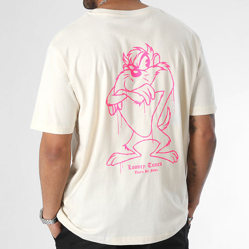 Tee Shirt Oversize Large Angry Taz Beige Rose Fluo