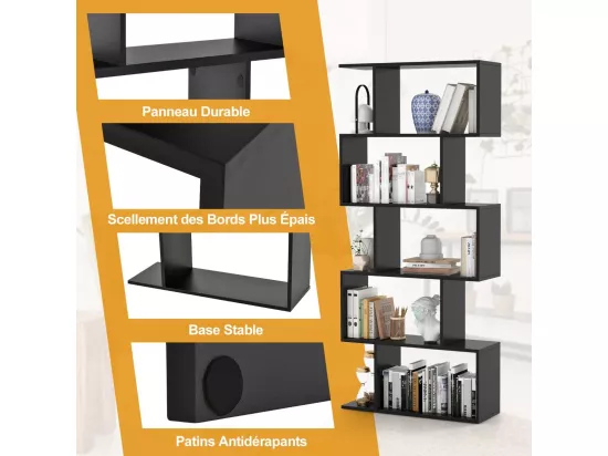 Bibliothèque en Forme de S, Étagère à 5 Niveaux, Meuble de Rangement avec Anti-basculement, 70 x 23,5 x 158 cm, pour Salon, Chambre, Bureau, Noir