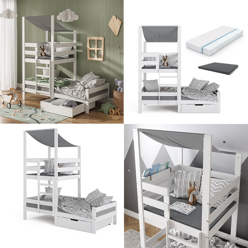 VitaliSpa Spielturmbett Kinderbett Spielbett Tom Weiß modern 204x218 cm Massivholz Kinderzimmer Lattenrost Bettleiter Bett Schublade Matratze Abenteuerbett Kletterbett