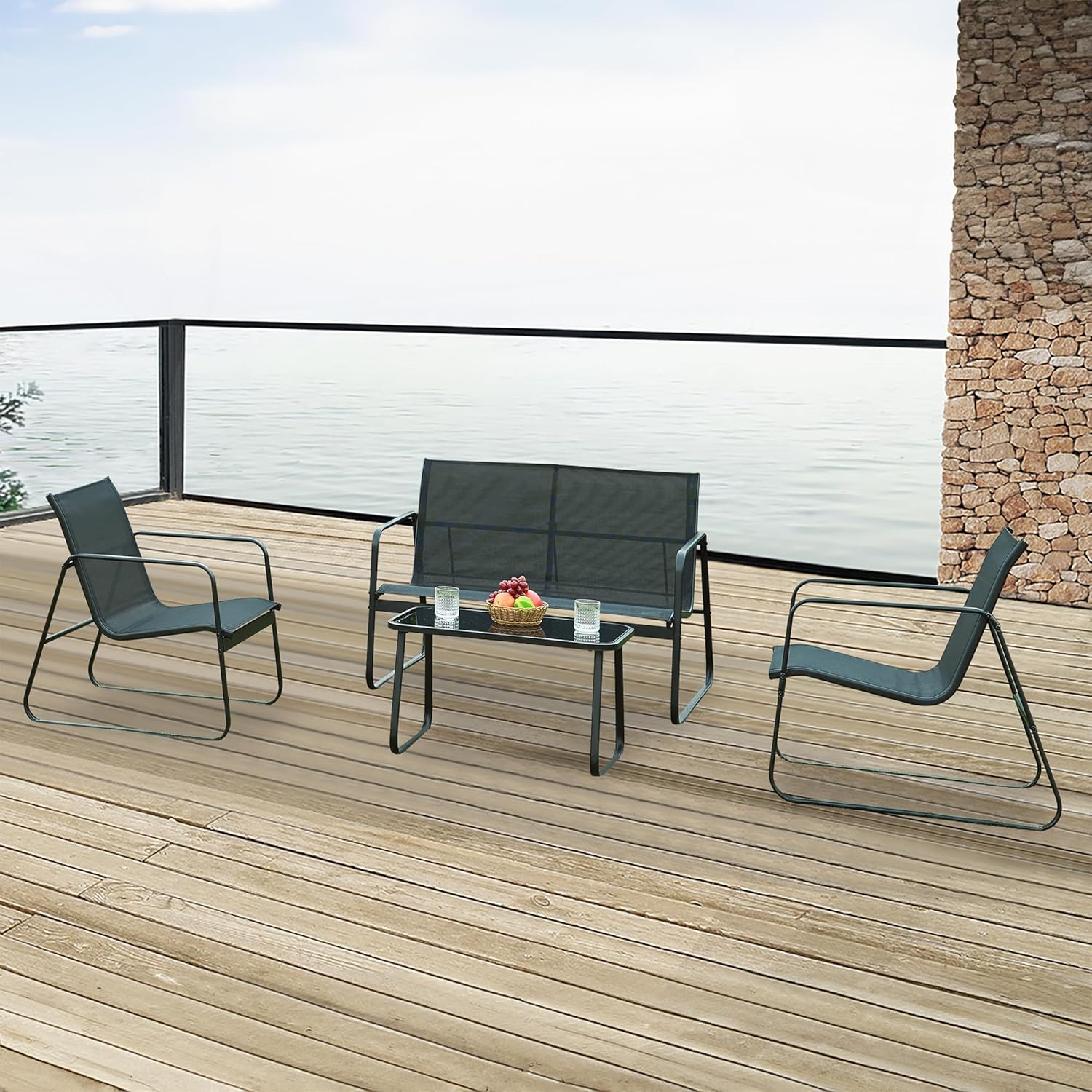casa.pro Gartenmöbel-Set Anzi 4-TLG. Outdoor Sitzgruppe Schwarz Balkonmöbel Set aus 1 Tisch, 1 Bank, 2 Stühle Terrasse Loungemöbelset wetterfest