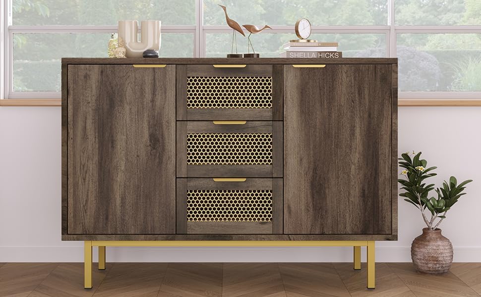 Generisch Sideboard-Schrank Kommode Mit 3 Schubladen Und 2 Türen, 120 X 40 X 76 cm, Dunkelbraun, Metallgriffe Kommode, Mehrzweckschrank Für Flur, Schlafzimmer, Wohnzimmer Und Kinderzimmer,Braun