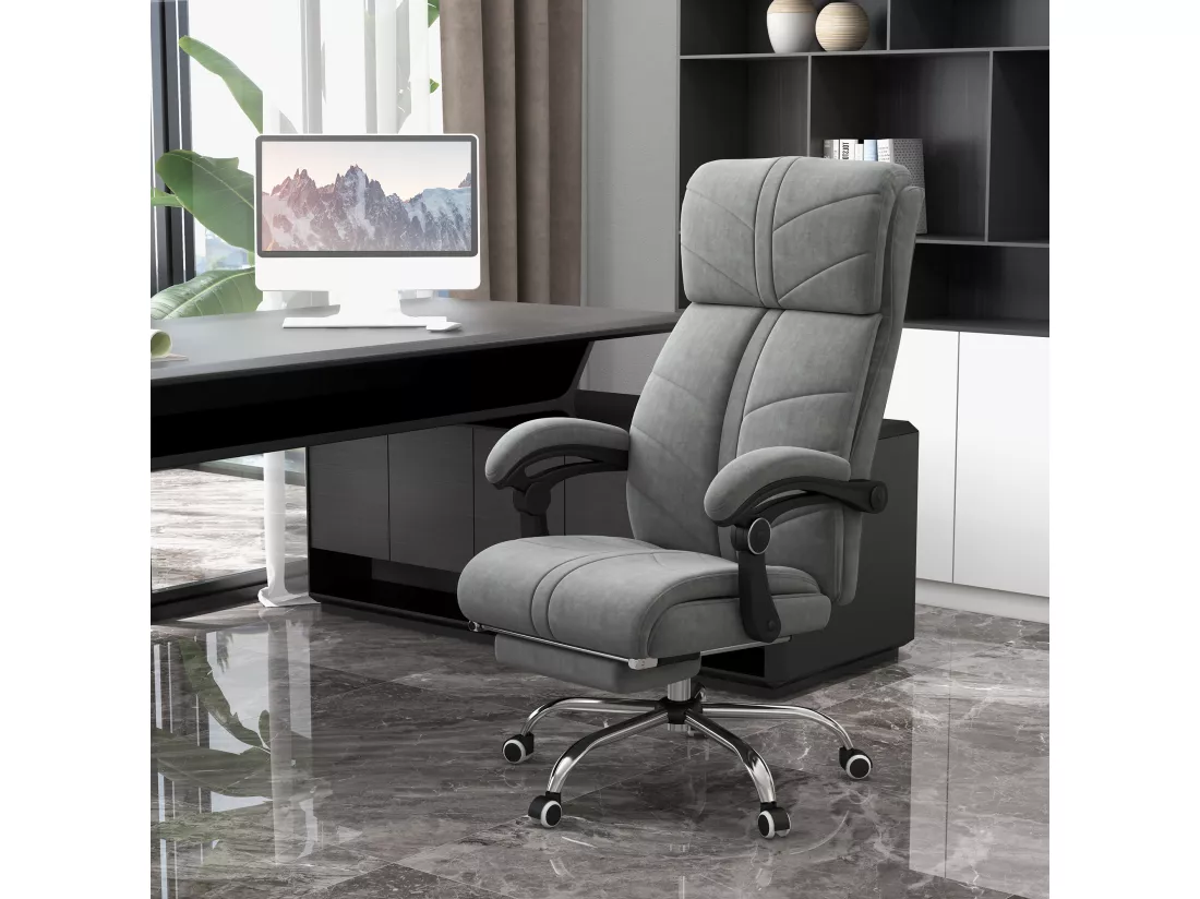 Fauteuil de bureau direction massant chauffant inclinable réglable repose-pied intégré tissu toucher flanelle grise