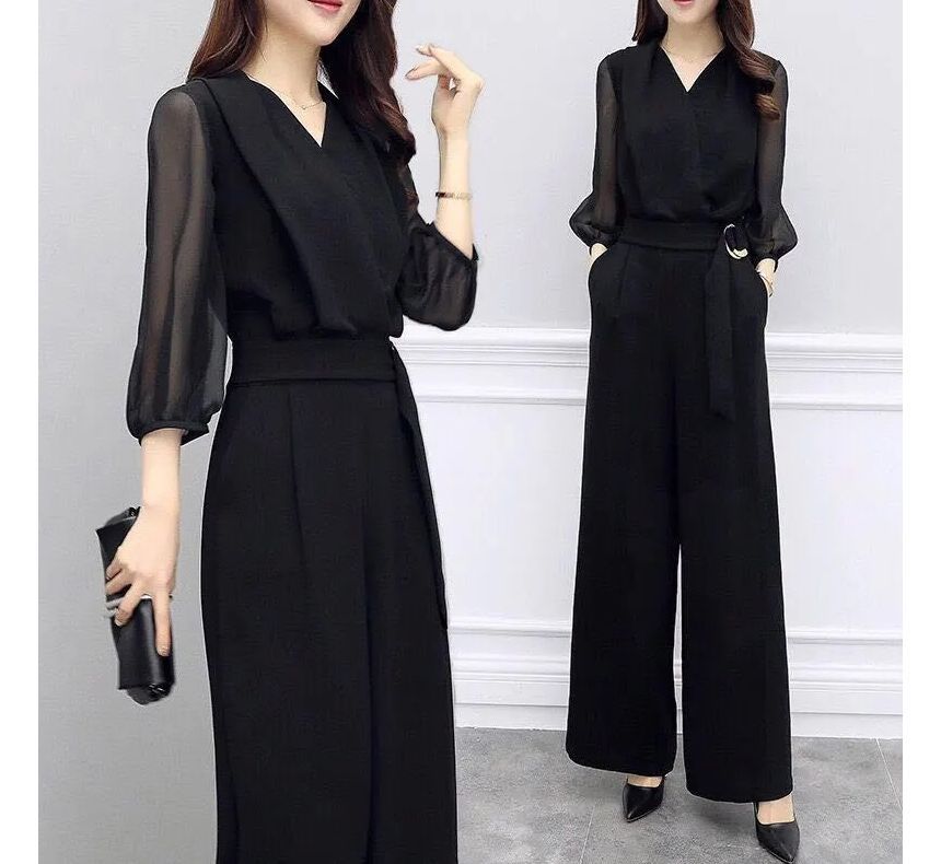 Inchioh - Lange mouwen V-hals mesh paneel jumpsuit