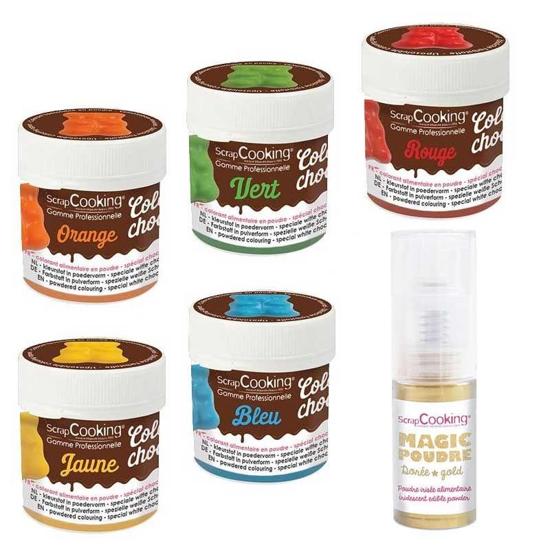 5 colorants liposolubles bleu-jaune-rouge-vert-orange + 1 poudre alime