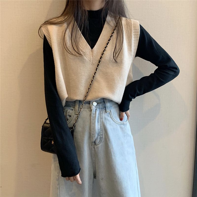 Closette - Top met lange mouwen en mock-neck / V-hals gebreid vest