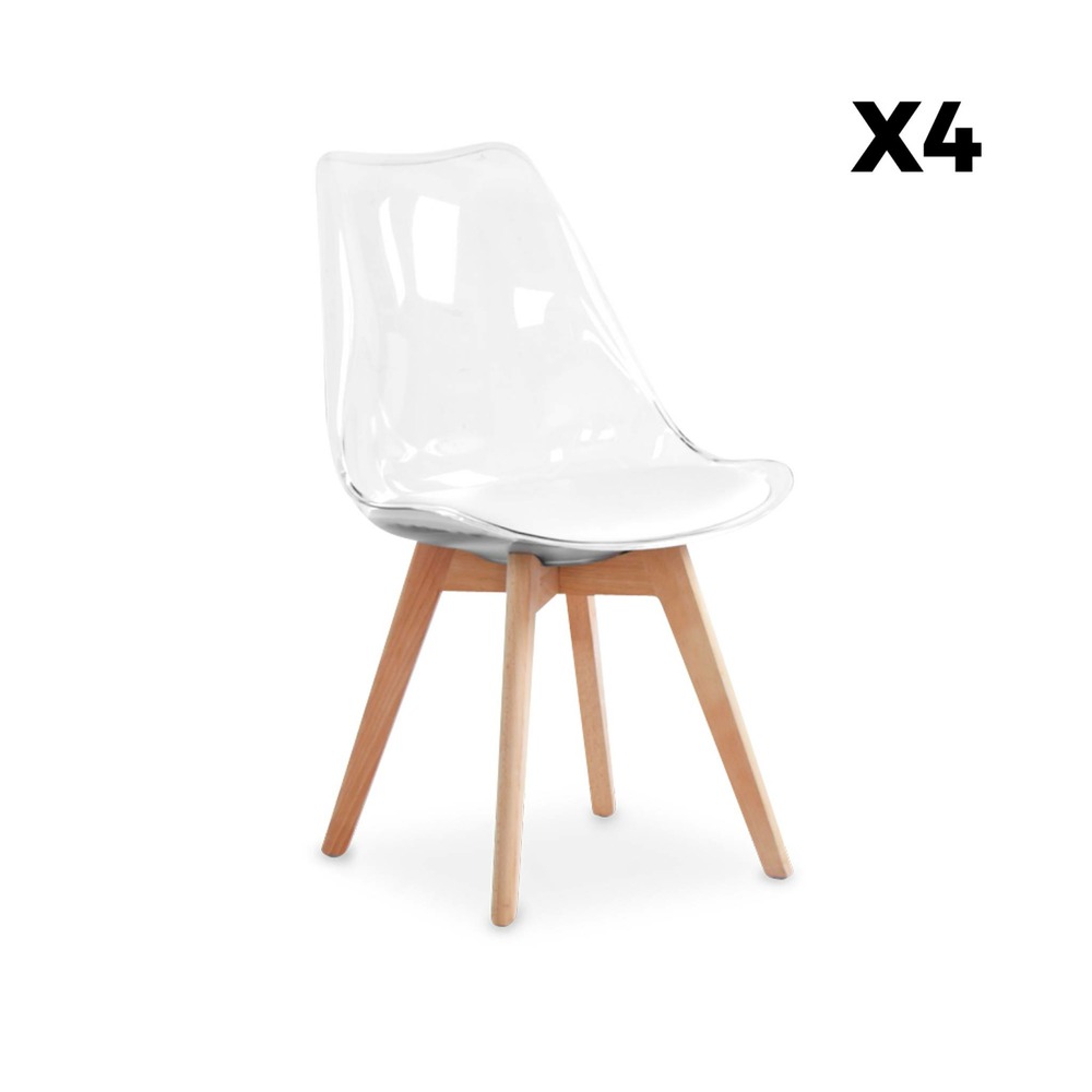 Lot de 4 chaises scandinaves - lagertha - pieds bois. Fauteuils 1 place. Coussin blanc. Coque transparente