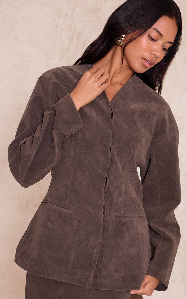 Kaki Ensemble Blazer Sans Col En Synthétique À Manches Cocon
