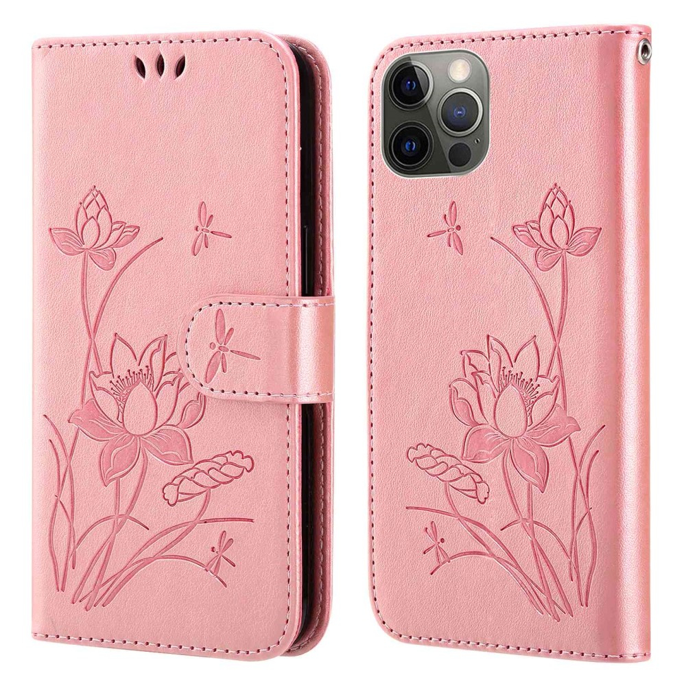 iPhone 13 Pro Leder Tasche Flip Cover Lotus Blumen Imprint - Roségold