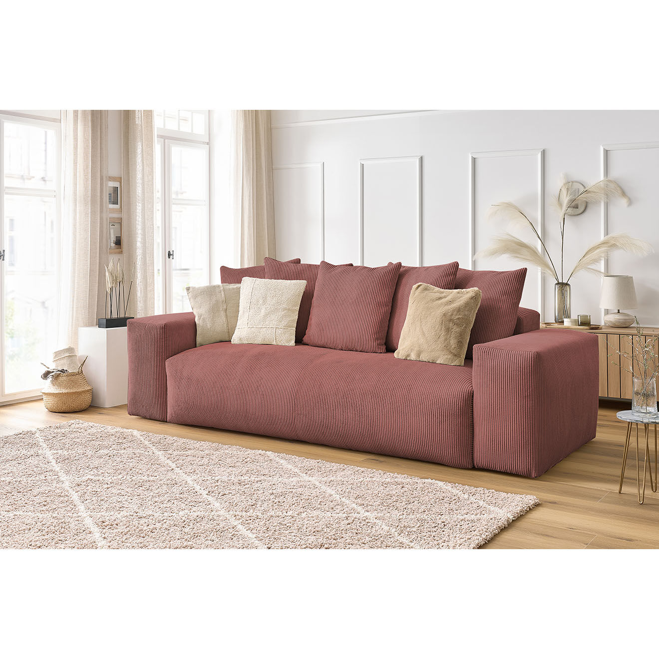 Bobochic Canapé droit fixe 3 places ultra moelleux voltaire velours côtelé rose - 280x124x75 cm