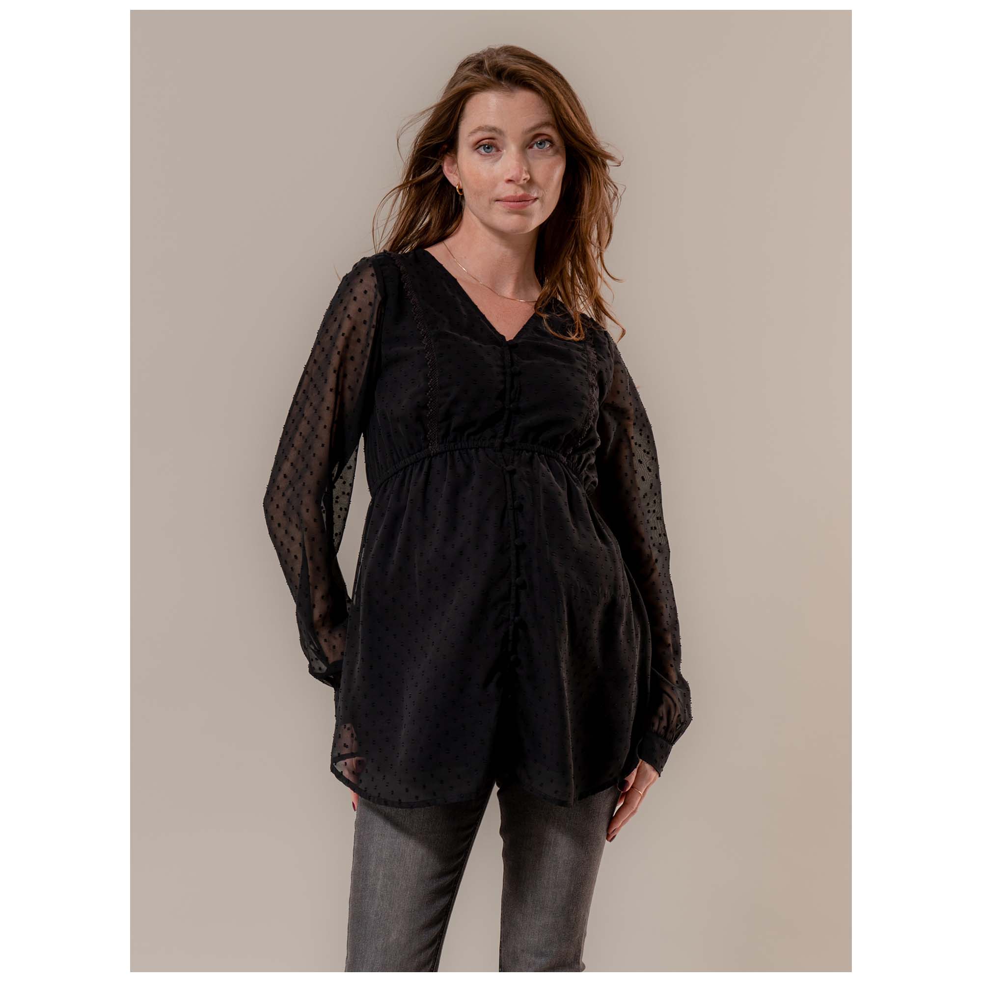 Prénatal zwangerschapsblouse lange mouwen effen zwart