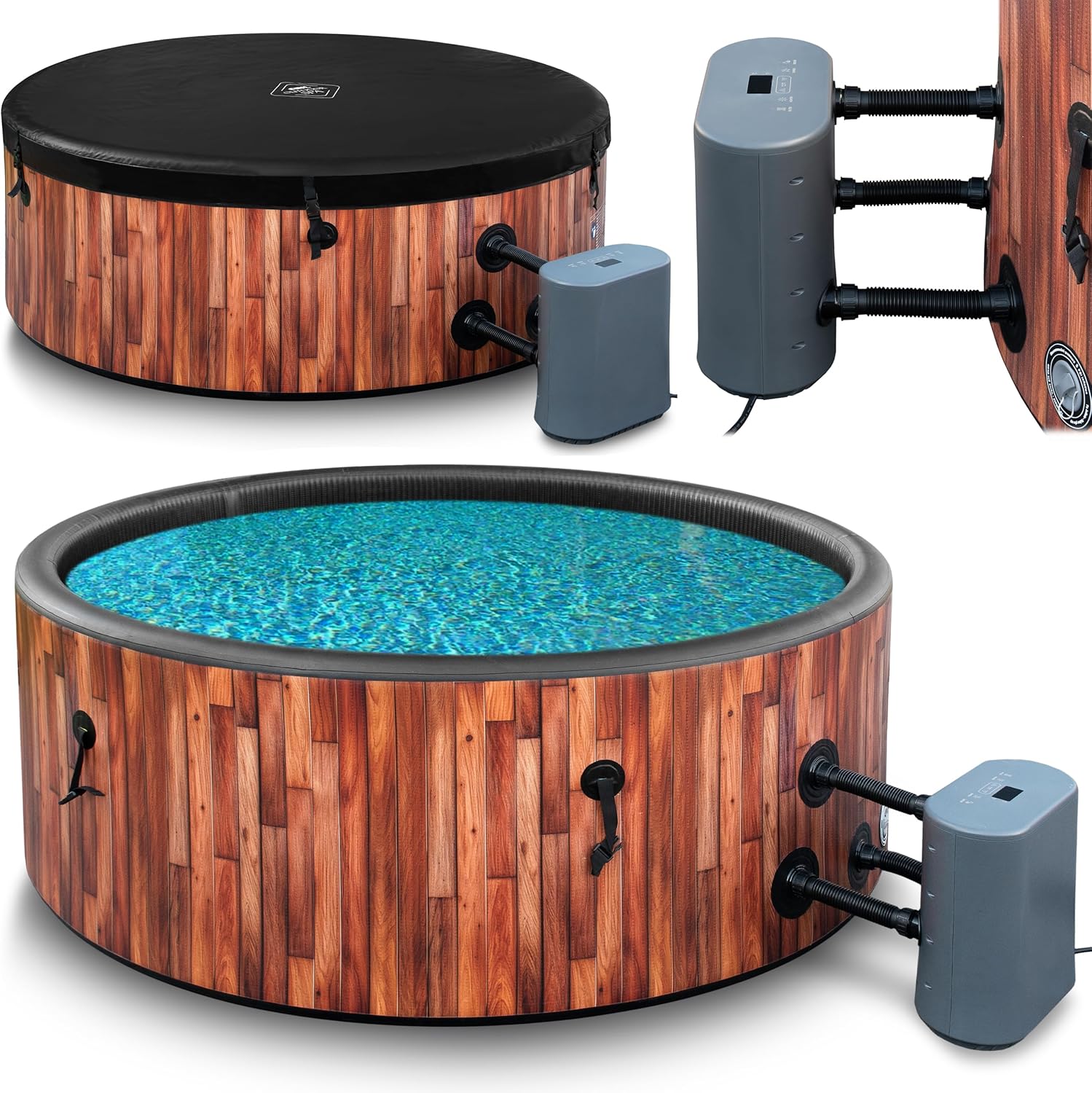 COIL Garten SPA Outdoor Winterfest SPA Outdoor SPA Aufblasbar - 6 Personen, Holzoptik, Robustes DWF-Material, Schnellaufblasbar, Wellness Hydromassage (Teak)