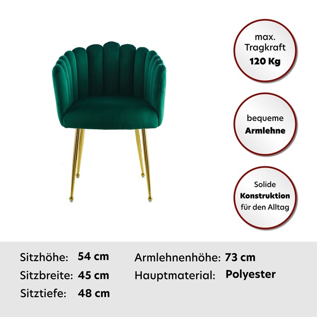 Kayoom Polsterstuhl »Stuhl Muna 125, TOPSELLER!ausgefallene Rücken-/Armlehne in Muschelform« () 1 Stk.ausgefallen geflochtene Rückenlehne, Samtbezug, goldene Beine
