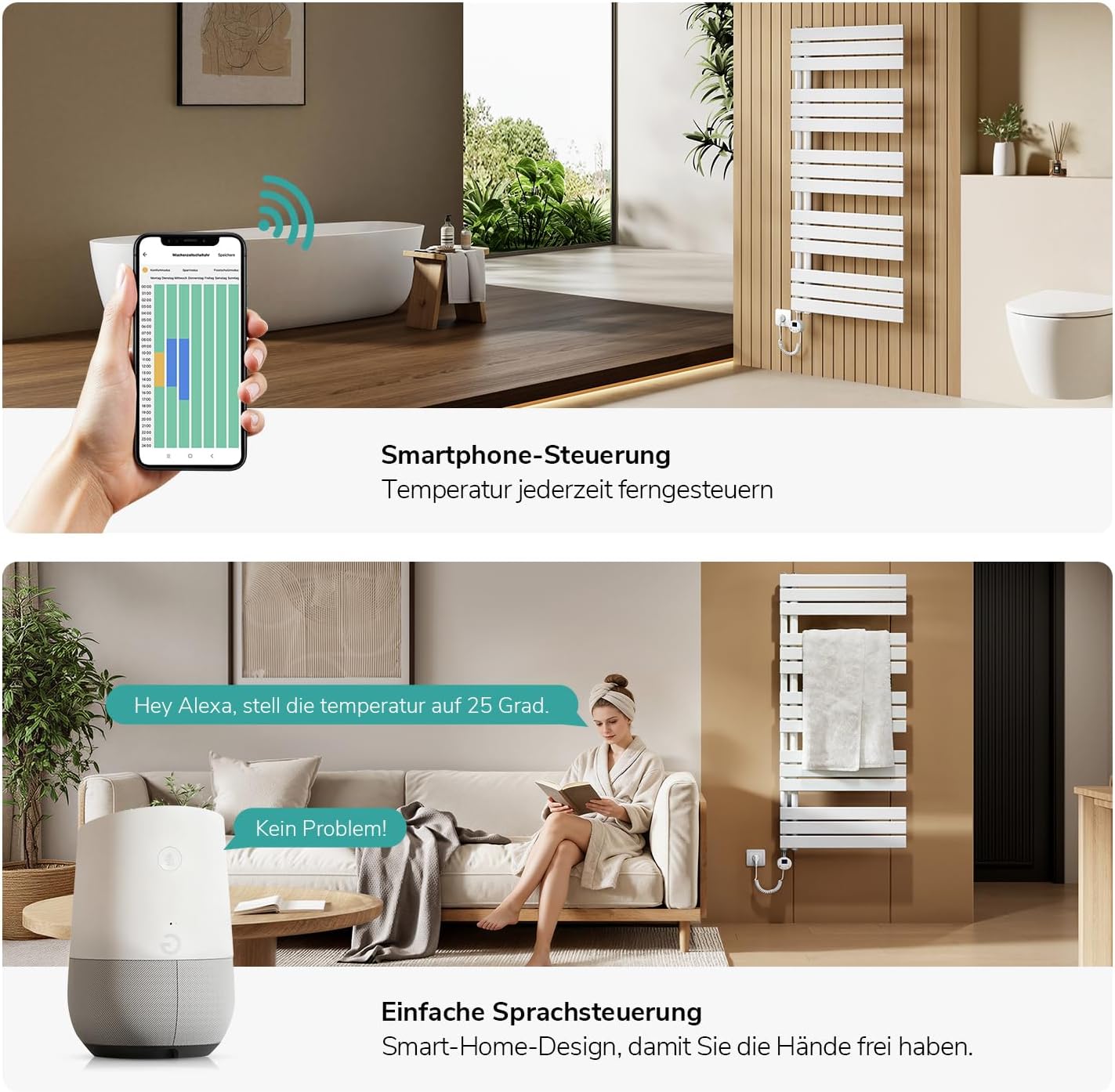 EMKE WiFi Handtuchheizkörper Elektrisch 762x400 mm - Flach Badheizkörper Elektrisch, Elektrischer Handtuchwärmer Handtuchtrockner Handtuchheizung mit Thermostat und Heizstab - 400W, Weiß