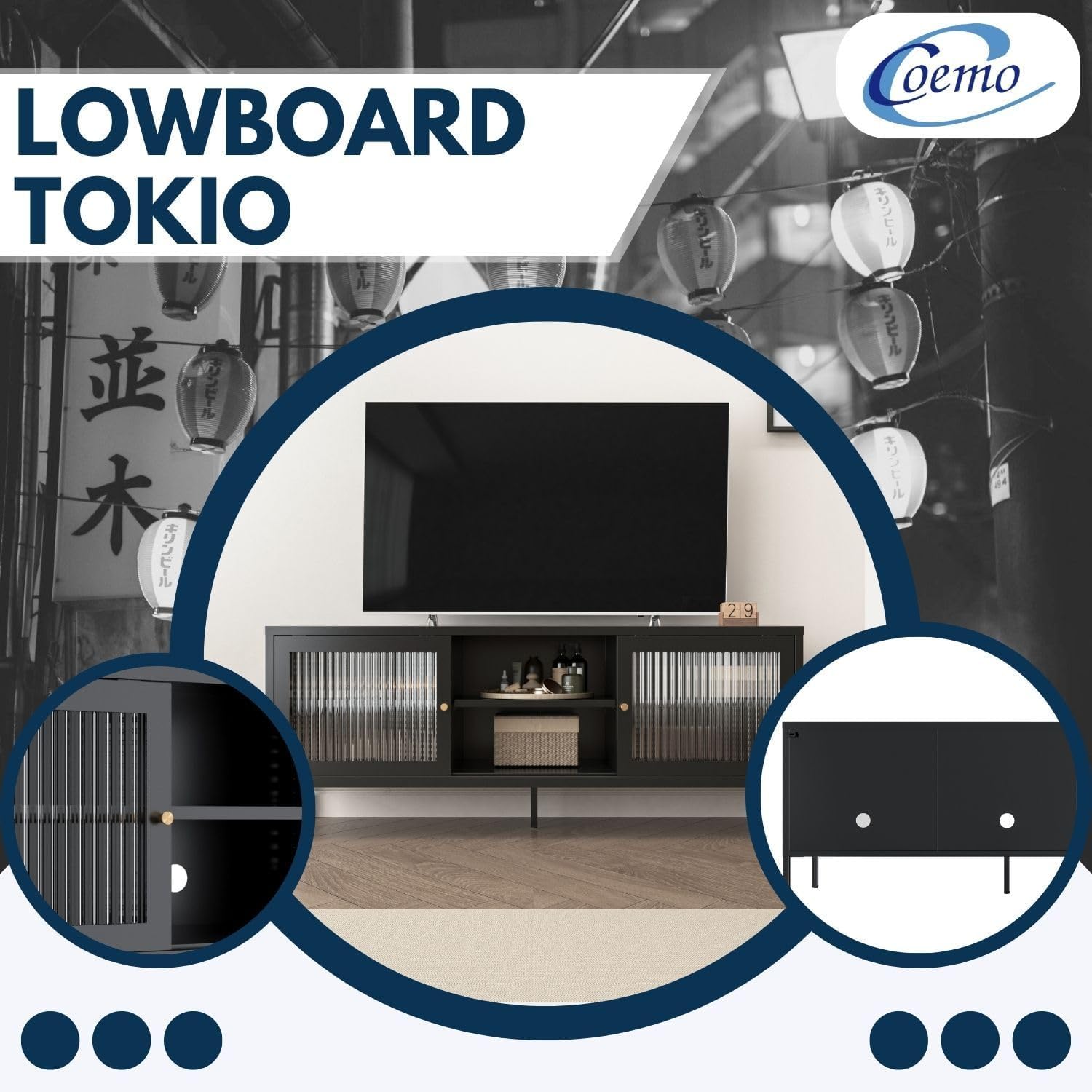 Modernes Sideboard 'Tokio' Schwarz - Praktisches Lowboard für Wohn- oder Schlafzimmer - Metall TV-Schrank mit Regalablage und schiebbaren Glastüren - Kommode für Fernseher, HiFi, Bücher, Dekoration