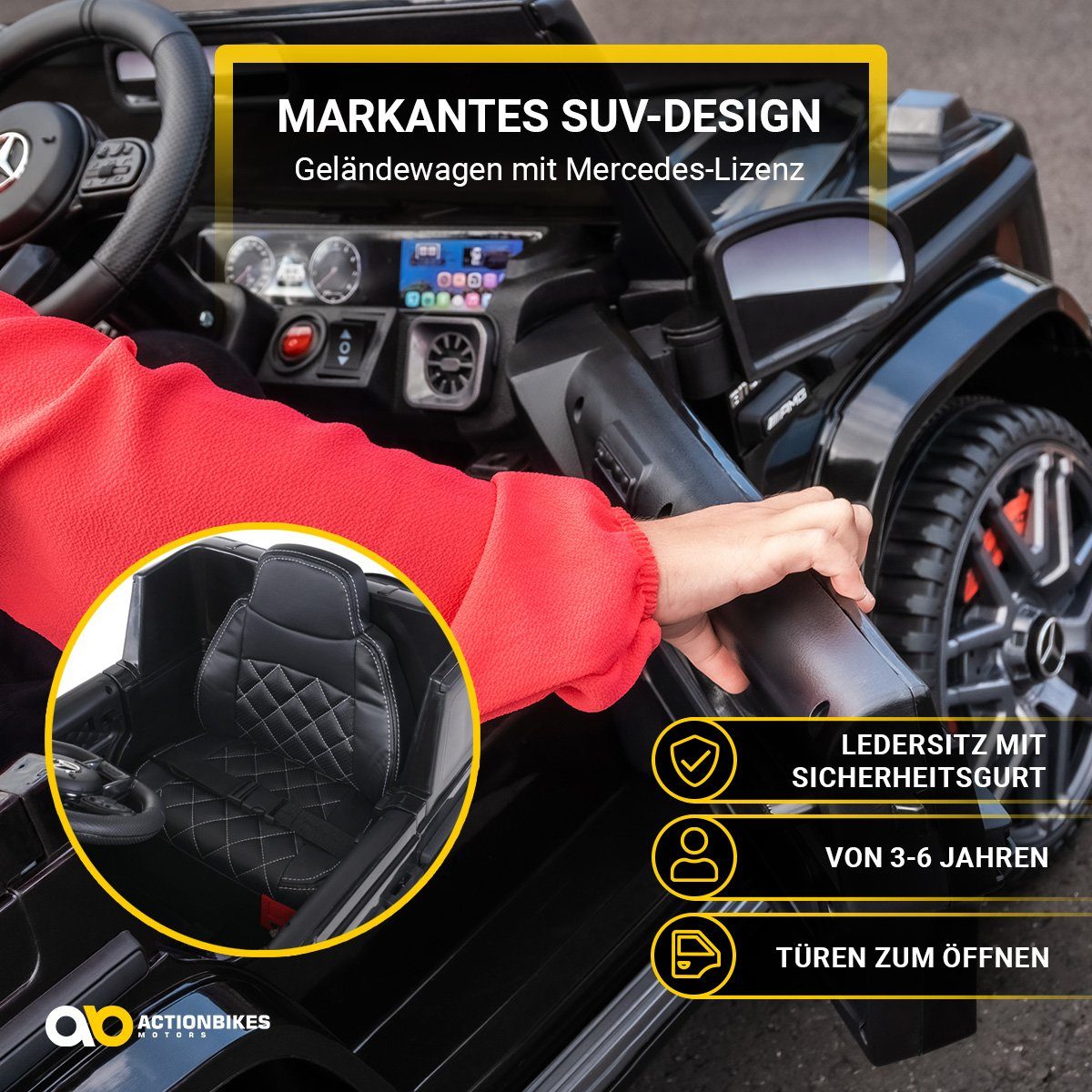 Actionbikes Motors Elektro-Kinderauto Mercedes Benz AMG G63 - Kinder Elektro Auto ab 3 Jahre, Belastbarkeit 35 kg, (2-tlg), Soft-Start - Sto&szlig;d&auml;mpfer
